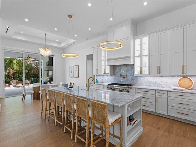 kitchen featuring a raised ceiling, light wood finished floors, tasteful backsplash, a kitchen breakfast bar, and range