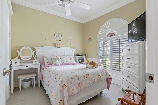 728 S Ocracoke Sq SW, Vero Beach, FL 32968 - bedroom with crown molding, light tile patterned floors, and ceiling fan