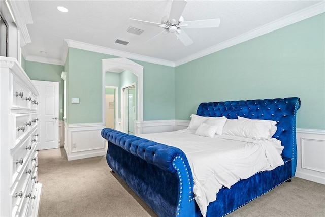 728 S Ocracoke Sq SW, Vero Beach, FL 32968 - carpeted bedroom with a wainscoted wall, ornamental molding, ceiling fan, a decorative wall, and recessed lighting