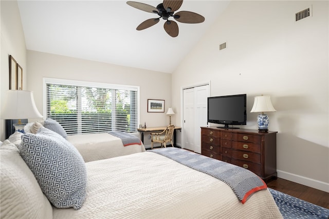2139 Via Fuentes St Unit 2139, Vero Beach, FL 32963 - bedroom featuring wood finished floors, high vaulted ceiling, a closet, and ceiling fan