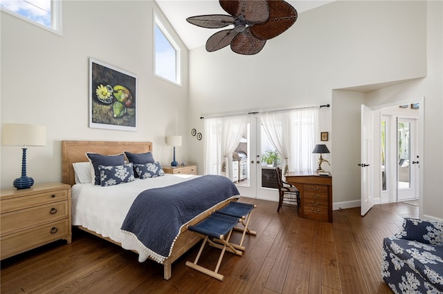 2139 Via Fuentes St Unit 2139, Vero Beach, FL 32963 - bedroom featuring french doors, high vaulted ceiling, access to outside, wood-type flooring, and a ceiling fan