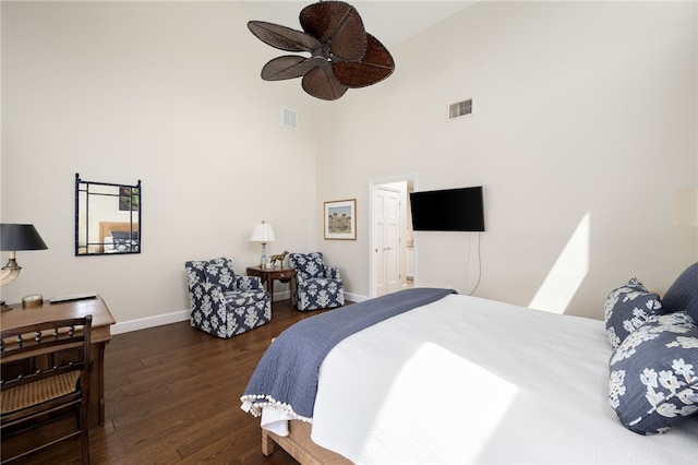 2139 Via Fuentes St Unit 2139, Vero Beach, FL 32963 - bedroom with high vaulted ceiling, wood finished floors, and ceiling fan