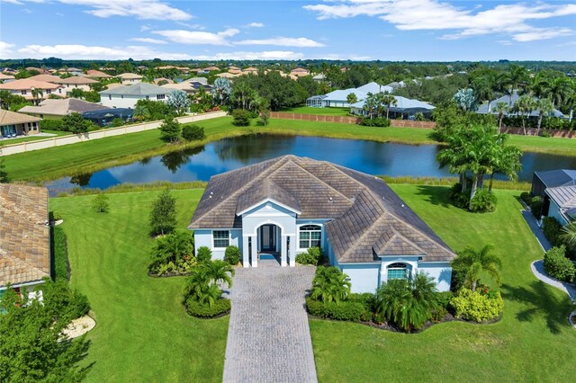 aerial view featuring a water view