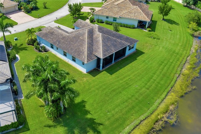 aerial view featuring a water view