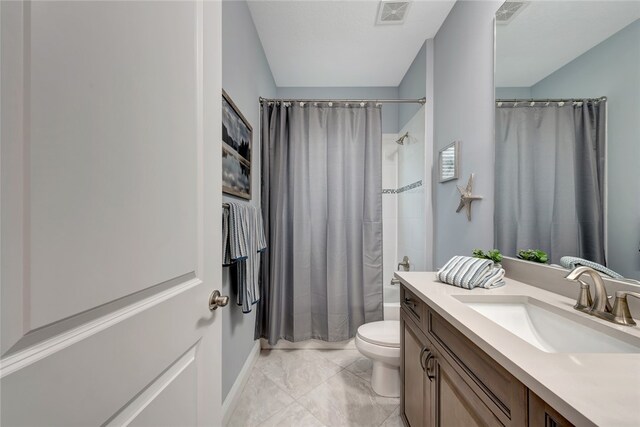 full bathroom with toilet, shower / bath combo, and vanity