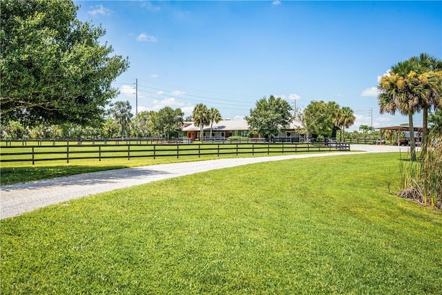 surrounding community featuring a yard, a rural view, and fence