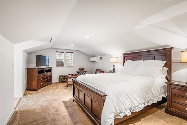 455 74th Ave, Vero Beach, FL 32968 - bedroom featuring light colored carpet, vaulted ceiling, a wall unit AC, and recessed lighting