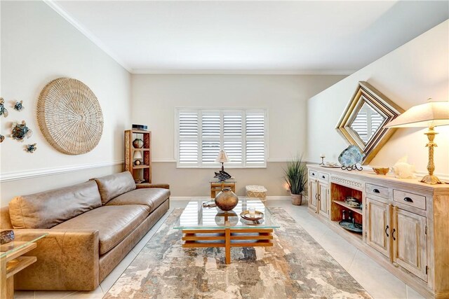 living room with crown molding and light tile patterned floors