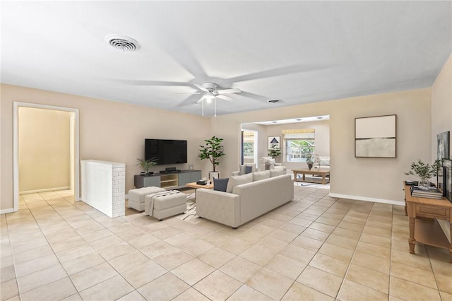 28 Sea Gull Ave, Vero Beach, FL 32960 - living room featuring light tile patterned floors, visible vents, baseboards, and ceiling fan