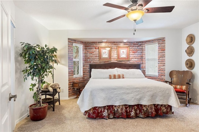 bedroom with light carpet and ceiling fan