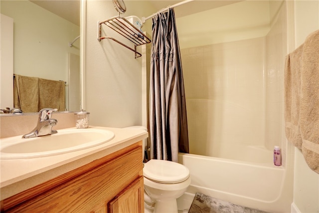 full bathroom featuring toilet, shower / tub combo, and vanity