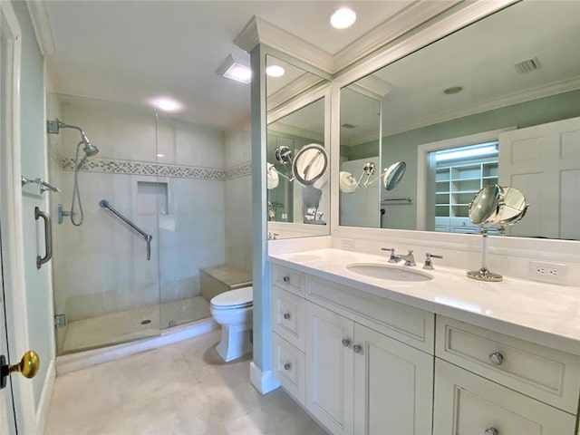 bathroom featuring walk in shower, toilet, crown molding, vanity, and tile patterned flooring