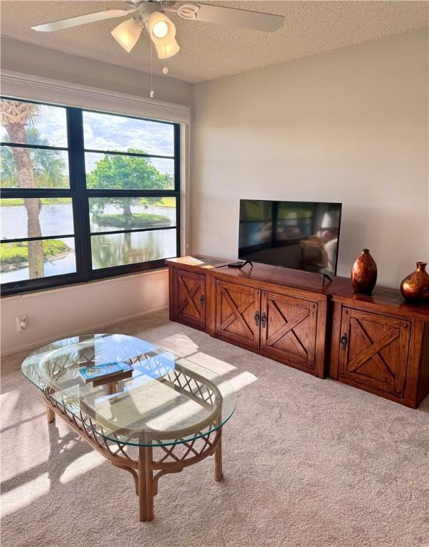 carpeted living room featuring a textured ceiling