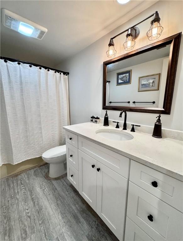 bathroom with vanity, wood-type flooring, and toilet