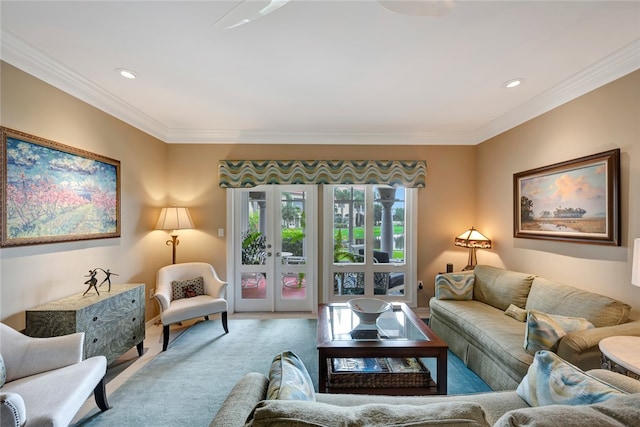 carpeted living room featuring french doors and crown molding