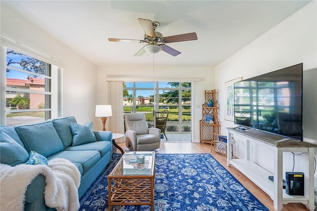 living room with a ceiling fan and wood finished floors