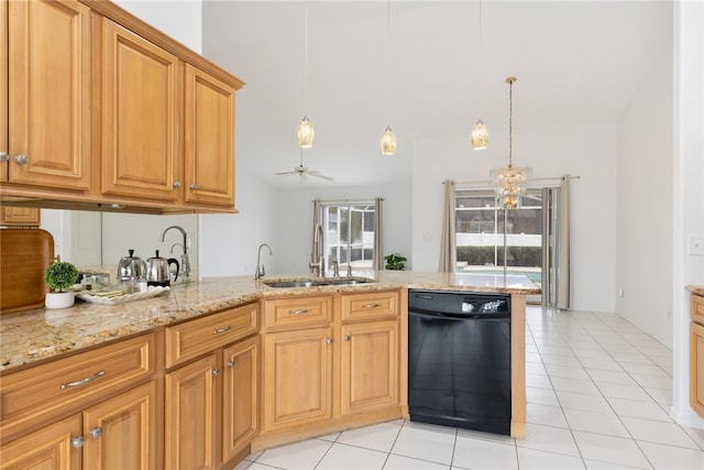 kitchen featuring ceiling fan, dishwasher, sink, kitchen peninsula, and pendant lighting