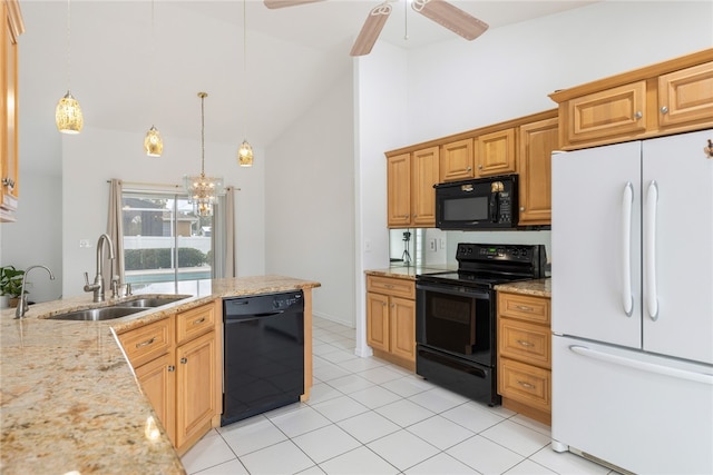 kitchen with ceiling fan, sink, high vaulted ceiling, pendant lighting, and black appliances