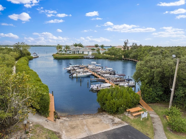 view of water feature with a boat dock