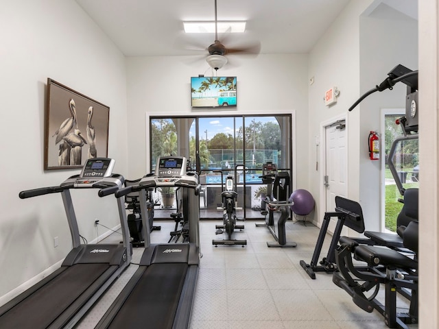 workout area with ceiling fan and a healthy amount of sunlight