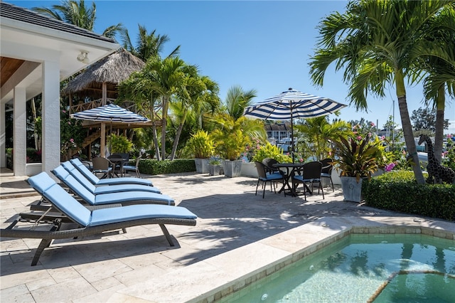 outdoor pool featuring outdoor dining area and a patio