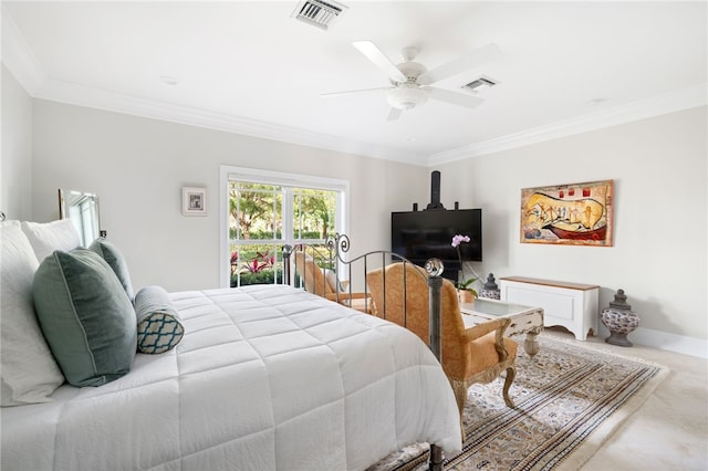 carpeted bedroom featuring ornamental molding and ceiling fan