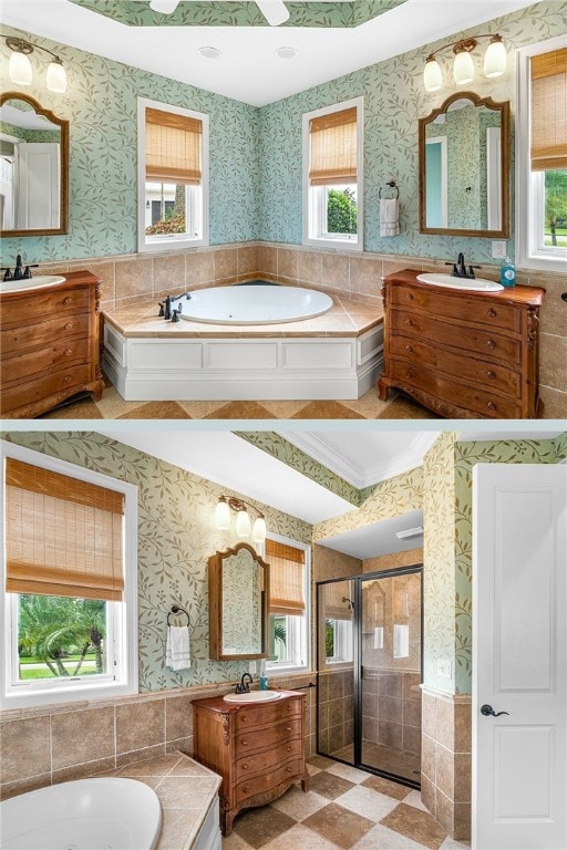 bathroom with separate shower and tub and plenty of natural light