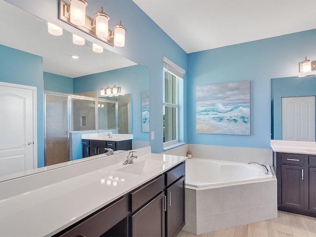 bathroom featuring vanity and independent shower and bath