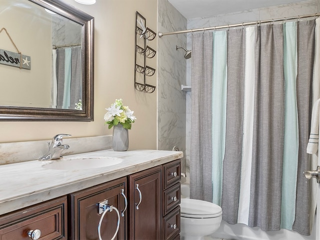 full bathroom featuring vanity, toilet, and shower / bathtub combination with curtain