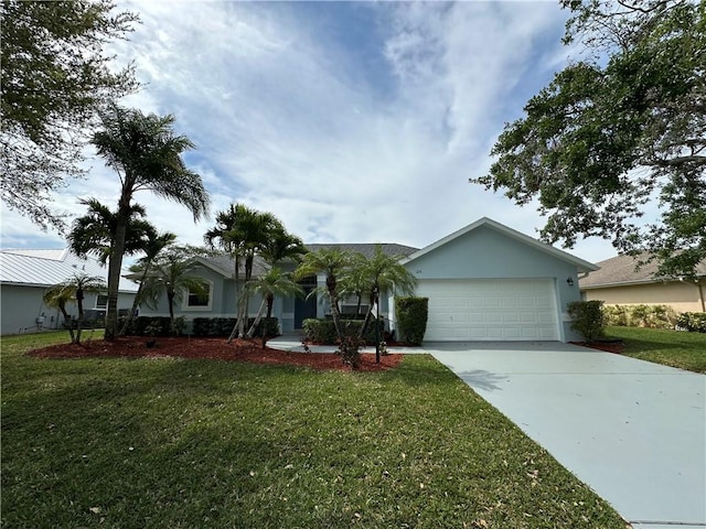 ranch-style home featuring stucco siding, a front lawn, concrete driveway, and an attached garage