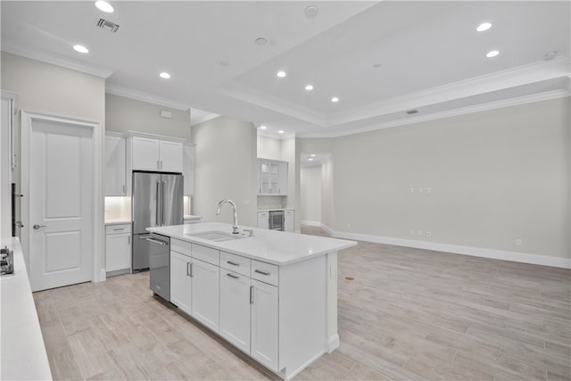 kitchen with white cabinetry, sink, a kitchen island with sink, and appliances with stainless steel finishes