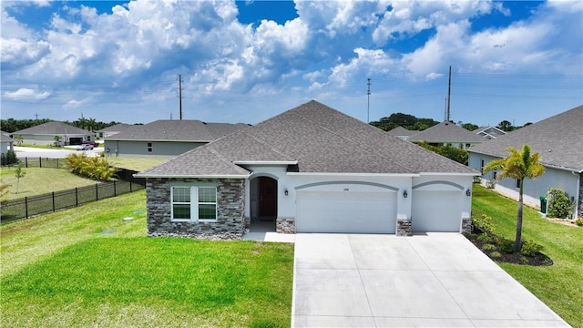 4308 Lago Vista Dr, Sebastian, FL 32976 - french country style house featuring a shingled roof, a garage, stone siding, and driveway
