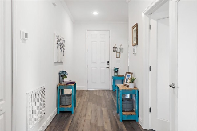 4308 Lago Vista Dr, Sebastian, FL 32976 - hall with dark wood-type flooring, baseboards, ornamental molding, and recessed lighting
