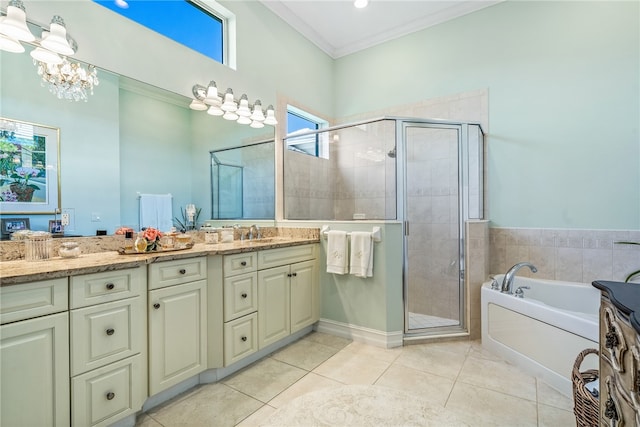 bathroom featuring crown molding, vanity, separate shower and tub, and tile patterned flooring