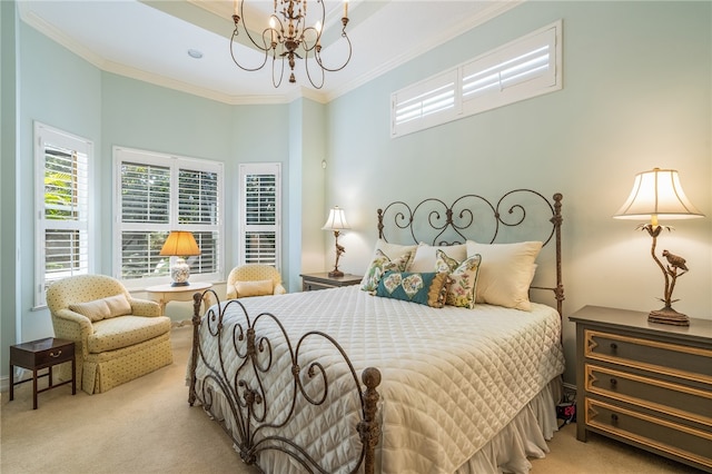 carpeted bedroom with crown molding and a notable chandelier