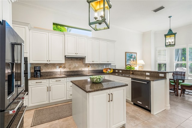 kitchen featuring stainless steel appliances, white cabinetry, sink, kitchen peninsula, and a center island