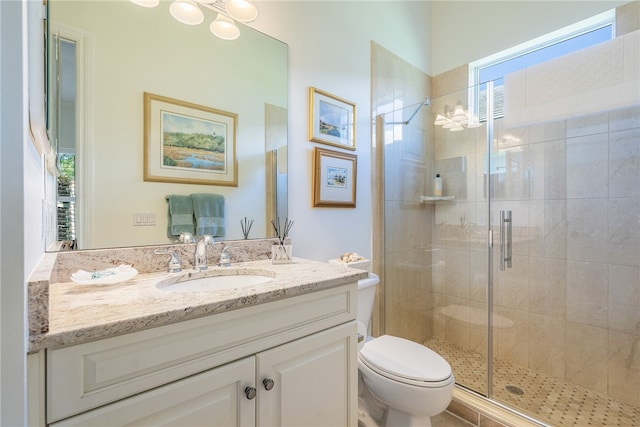 bathroom with vanity, a shower with door, and toilet