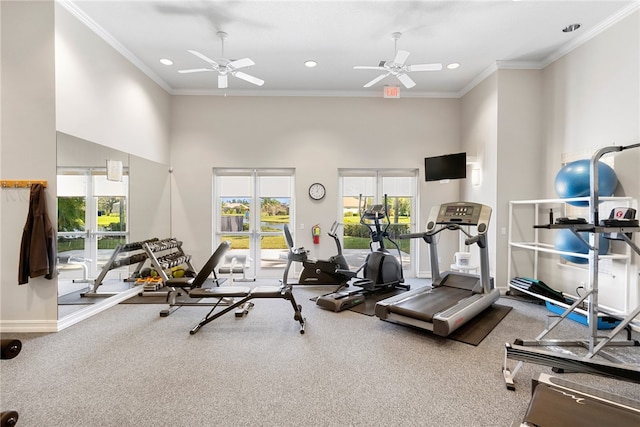 exercise room featuring carpet, a wealth of natural light, and crown molding