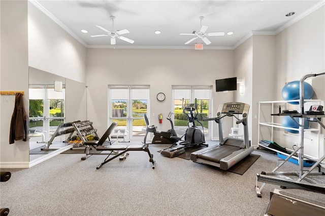 1217 Riverwind Cir, Vero Beach, FL 32967 - workout area with a high ceiling, recessed lighting, baseboards, a ceiling fan, and carpet floors