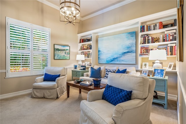 living area featuring ornamental molding, light colored carpet, and a chandelier