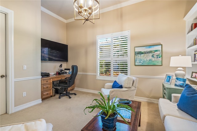 carpeted office space featuring crown molding and an inviting chandelier