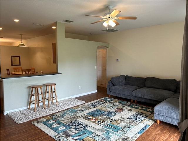 8475 101st Ct, Vero Beach, FL 32967 - living room featuring wood finished floors, ceiling fan, and recessed lighting