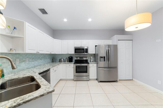 kitchen with tasteful backsplash, white cabinetry, sink, hanging light fixtures, and stainless steel appliances