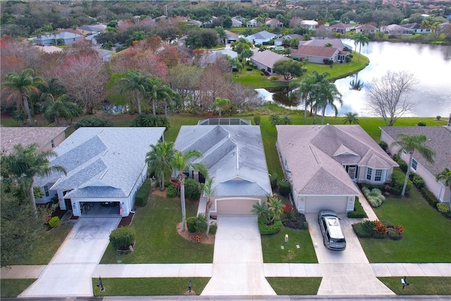 drone / aerial view featuring a water view