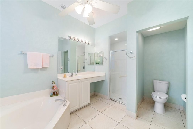 full bathroom with vanity, toilet, independent shower and bath, and tile patterned flooring