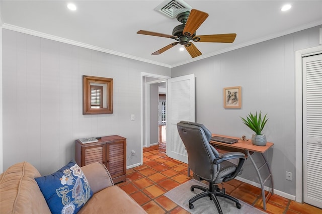 tiled office featuring ceiling fan and crown molding