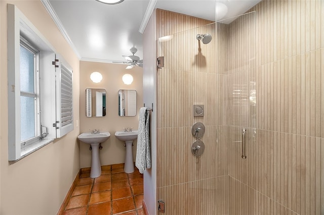 bathroom with tile patterned flooring, ceiling fan, tiled shower, and crown molding