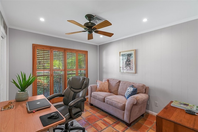 tiled office with ceiling fan and crown molding