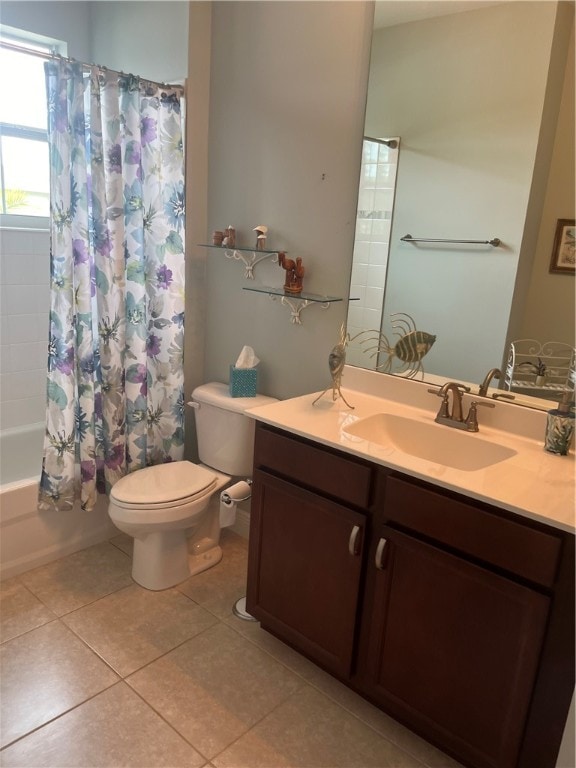 full bathroom with tile patterned flooring, vanity, toilet, and shower / tub combo with curtain