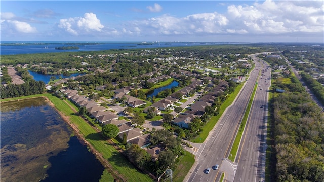 drone / aerial view featuring a water view